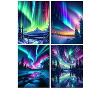 Muzagroo Art 5D Diamond Painting Kits for Adults, Aurora Diamond Art Kits for Beginners, DIY Landscape Diamond Dot Kits Gem Arts and Crafts for Living Room, Gem Painting Living Room 4 PCS Wall Art