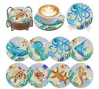Muzagroo Art Diamond Painting Coasters Kits with Holder DIY Ocean Diamond Art Kits for Beginners Stress-reducing Handicrafts for Adults Paint by Diamond Coaster Art 8 PCS (Marine Animals)