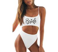 MUZHI Women's Bride One Piece Swimsuits Ruched Tommy Control Wifey Swimwear Sexy Back Crossover Swimming Bathing Suits, White Bride, Large