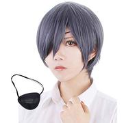 MUZI WIG Ciel Phantomhive Cosplay Wig, Black Butler Mix Color Short Straight Ciel Wig Cosplay + Wig Cap + Black Eyepatch