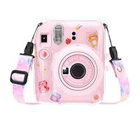 MUZIRI KINOKOO Camera Case for Fuji Instax Mini 12 Instant Camera, Hard PVC Protective Case with Photos Pocket to Store 10 Photos - with Shoulder Strap & Camera Sticker - Pink