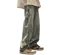 MuziZy Women's Vintage Star Patchwork Y2K Baggy Jeans High Waisted Straight Leg Trousers Emo Grunge Denim Pants with Pockets (S,Blue)