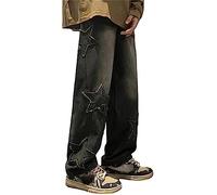 MuziZy Women's Vintage Star Patchwork Y2K Baggy Jeans High Waisted Straight Leg Trousers Emo Grunge Denim Pants with Pockets (S,Black)