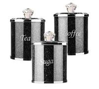 Muzrunq 3Pcs Canister Set Crushed Diamond Glass Tea Coffee Sugar Canisters Tea Coffee Sugar Jars for Food, Biscuit, Flour, Cakes, Spice or Beans, Black Canister Set