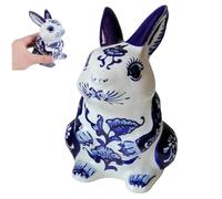 Muzrunq Bunny Stuff, Blue and White Porcelain Ceramic Bunny Figurine, Chinoiserie Rabbit Statue for Home Table Book Shelf Car Dining Table Centerpiece Stuff, Figurine, Rabbit Statue