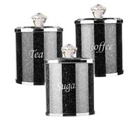 Muzrunq Canister Set 3Pcs Crushed Diamond Glass Tea Coffee Sugar Canisters with Metal Lids Tea Coffee Sugar Jars for Food, Biscuit, Flour, Cakes, Spice or Beans Black