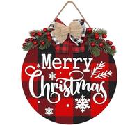 Muzrunq Christmas Door Sign 12 Inch Hanging Wood Merry Christmas Door Decorations with Red Berry and Bow for Holiday Rustic Farmhouse Wall Window Decor