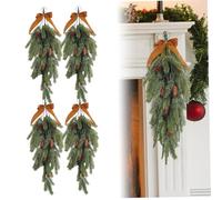 Muzrunq Christmas Swag, 27.6 Inch Artificial Realistic Teardrop Swag 4Pcs with Rustic Velvet Ribbon Bow for Festive Holiday Door Wall Home Porch and Mantel Décor