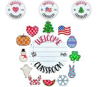 Muzrunq Classroom Door Sign, Interchangeable Wooden Welcome Sign for Classroom with Seasonal Replaceable Ornaments for Halloween Thanksgiving Decor
