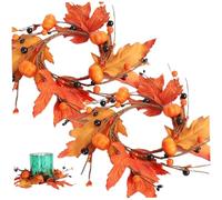 Muzrunq Fall Candle Rings, Candle Rings Wreaths with Maple Leaf Pumpkin Black Berries 2PCS 7.9" Hanging Small Fall Wreath for Thanksgiving Autumn Halloween Wedding Table Centerpieces Decor.