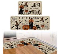 Muzrunq Halloween Kitchen Mat Spooky Ghost and Pumpkin Halloween Kitchen Rugs Polyester Area Rugs Set 2Pcs/Set Washable Comfort Standing Mat for Floor