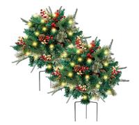 Muzrunq Outdoor Christmas Tree 2PCS 18" Pre-lit Xmas Pine Urn Fillers Outdoor Front Porch with Cones Golden & Red Berries Tripod Stake for Yard Garden Flower Beds