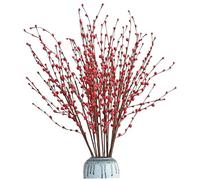 Muzrunq Pussy Willow Branches for Vases, 14PCS/Bunch 33 Inchg Long Stem Willow Branches, Reusable Artificial Branch with Red Flowers for Wedding Home Office Table