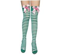 Muzrunq Striped Socks Nylon Striped Thigh High Socks with Strawberry Bow Green and White Elastic Over Knee Stockings for Christmas, Cosplay, And Parties