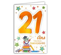 MV 69-2023 Age 21 Birthday Card Young Man Woman Student ETUDIANTE Reading Books Exam Owl Owls Design Stars