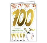 MV 69-2046 Age 100 Birthday Card Man Woman Design Bottle Champagne Flutes Fireworks