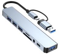 MVBOONE 8Port USB Hub & USB C Hub 3.0, Aluminum 8 in 1 USB Splitter Extender, with SD/TF Card Reader, 3.5mm Aux Ports, for MacBook Pro Air Pro/Pad Pro/Phone 15 Pro/Laptop/ PS4/ Mouse