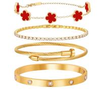 MVCOLEDY 18 K Gold Plated Love Bracelet Stack for Women 4-Piece Bracelet with Synthetic Shell Floral Clover Chain, Tennis Chain and Crystal Gold Bangle, Love Bracelet Design Gift Jewelry for