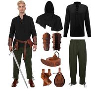 MVFEUIJ Medieval Men's Renaissance Costume Set, Viking Costume Lace-up Shirt Men's Trousers with Accessories, Halloween Costume for Cosplay, Masquerade, Wizard, Black shirt, S