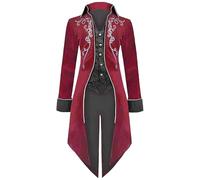 MVFEUIJ Men's Vintage Gothic Tailcoat, Medieval Steampunk Jacket, Male Victorian Renaissance Retro Vintage Embroidery Coat Halloween Party Cosplay Pirate Vampire Costumes for Adult (Red, L)