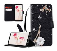 MVKZFE Compatible with Samsung Galaxy S23 Case Wallet, Glitter 3D Diamond Gems Handmade Pearl Crystal Rhinestone Cover,Black Leather Flip Stand Cover with Card Slot Lanyard,Dragonfly Tower