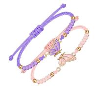 MVOLEGDE Pack of 2 Purple and Pink Friendship Bracelets, Adjustable Friendship Bracelet Children, Butterfly Decoration, Braided Friendship Bracelet, for Best Friends, Jewellery Gifts