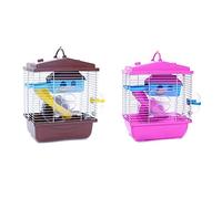MVOSJFIE 2 Pcs Pet Cage Hamster Cottage with Transparent Skylight Double Layer House for Golden Hamster Pet, Coffee & Pink