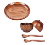 MVOSJFIE 4 Pcs Wooden Handmade Bowl and Spoon & 1 Pcs Tableware Household Smooth Wooden Bread Dish Tray