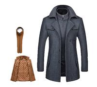 MWbetsy Men's Warm Wool Coat, Removable Double Collar Pea Coats Casual Winter Business Slim Fit Jacket Plus Cotton Lining Thick Pull Outdoor Windproof Coat Outdoor, B-grey, L
