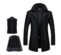 MWbetsy Men's Warm Wool Coat, Removable Double Collar Pea Coats Casual Winter Business Slim Fit Jacket Plus Cotton Lining Thick Pull Outdoor Windproof Coat Outdoor, C-black, M
