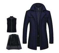 MWbetsy Men's Warm Wool Coat, Removable Double Collar Pea Coats Casual Winter Business Slim Fit Jacket Plus Cotton Lining Thick Pull Outdoor Windproof Coat Outdoor, C Navy, M