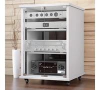 MWhite Media Stand with Drawer Multi Tier Audio Rack Stereo Cabinet CD Rack Height Adjustable Shelf and Wheels Glass Doors Ideal for Home Theater