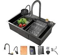 MWIDCIEW Waterfall Kitchen Sink Gunmetal Grey 304 Stainless Steel Workstation Sink with Pull Out Mixer Tap Large Single Bowl Sink for Kitchen with Multiple Accessories (68 x 45 cm)