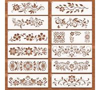 MWOOT 12 Pcs Floral Border Corner Stencil for Painting,Large Stencils for Crafts Reusable,Flower Stencils for Walls,Plastic Paint Drawing Templates for Tile Furniture Wood Home Decoration(30x10 CM)