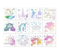 MWOOT 12 Pieces Unicorn Stencils Set for Painting, DIY Drawing Plastic Template, Reusable Pattern Crafts Stencils for Floor Wall Notebook Canvas Fabric Furniture Decor (20x20cm)