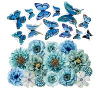 MWOOT 14 Pcs Artificial Flower Heads and 12 Pcs 3D Butterfly, Small Faux Flowers for Crafts, Fake Rose Carnation Heads for DIY Wreath Cake Wedding Bouquet Party Home Garden Decoration(Blue)