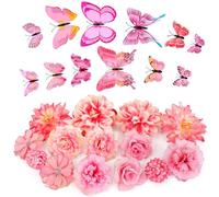 MWOOT 14 Pcs Artificial Flower Heads and 12 Pcs 3D Butterfly, Small Faux Flowers for Crafts, Fake Rose Carnation Heads for DIY Wreath Cake Wedding Bouquet Party Home Garden Decoration(Pink)
