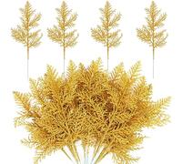 MWOOT 16 PCS Christmas Artificial Pine Needles Branches, Gold Glitter Faux Pine Twigs for Centerpieces, Fake Christmas Tree Picks for DIY Garland Wreath Wedding Bouquet Table Home Garden Décor