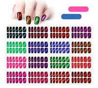 MWOOT 16 Sheets Full Wraps Nail Stickers,Self-Adhesive Nail Polish Stickers Strips S Pattern Cat Eye Glittery Nail Art Designs Kits with Nail File