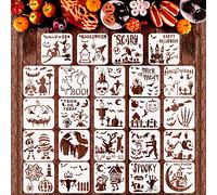 MWOOT 24Pcs Halloween Theme Stencils for Painting on Wood, Reusable DIY Painting Templates with Ghost Pumpkin Design, Drawing Paint Stencils Arts Crafts for Scrapbooking Wall Art Decoration (15x15cm)
