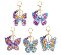 MWOOT 5Pcs Diamond Art Painting Keychain, 5D DIY Butterfly Diamond Pasted Painting Keyring Charm with Tassel, Double Sided Full Drill Crystal Craft Pendant for Backpack Handbag Décor