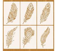 MWOOT 6Pcs Mandala Feather Stencils for Painting on Wood, DIY Drawing Painting Template for Adults, Reusable Paint Stencils for Floor Wall Photo Album Cabinets Decoration(26x17.8cm)