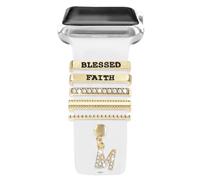 MWOOT 6Pcs Watch Band Charms, Compatible with watch Series 7 6 5 4 3 2 1 Bands Decorative Rings Loops (No Band), Blessed Faith Letter M
