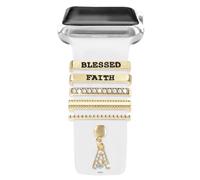 MWOOT 6Pcs Watch Band Charms, Compatible with watch Series 7 6 5 4 3 2 1 Bands Decorative Rings Loops (No Band), Blessed Faith Letter A