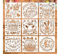 MWOOT 9 Pcs Easter Painting Stencils for Craft, Plastic Reusable Easter Word Bunny Egg Chicks Flower Patterns Drawing Templates for DIY Canvas Scrapbooking Card Making Party Home Decor