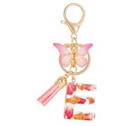 MWOOT Alphabet Initial Letter E Keychain Fashion Key Ring,Alphabet Petals Gold Foil Resin Keyring Charm with Butterfly Tassel Pendant,Pink Key Chain for Women Gift Purse Bag Handbag Decoration(E)