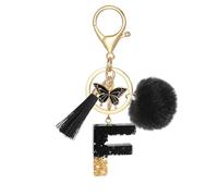 MWOOT Alphabet Initial Letter Keychain, Name Keyring with Tassel Butterfly Pendant Pom Pom for Women, Black Resin Gold Foil Sequins Keyring Charm for Door Car Key Handbag Decor(F)