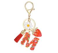 MWOOT Alphabet Initial Letter Keychain, Name Keyring with Tassel Strawberry Flower Daisy Pendant for Women, Cute Resin Fruit Keyring Charm for Door Car Key Handbag Decor(M)