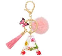 MWOOT Alphabet Initial Letter Keychain, Pink Name Keyring with Tassel Butterfly Pendant Pom Pom for Women, Cute Resin Daisy Petals Gold Foil Keyring Charm for Door Car Key Handbag Decor(A)