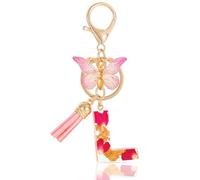 MWOOT Alphabet Initial Letter L Keychain Fashion Key Ring,Alphabet Petals Gold Foil Resin Keyring Charm with Butterfly Tassel Pendant,Pink Key Chain for Women Gift Purse Bag Handbag Decoration (L)